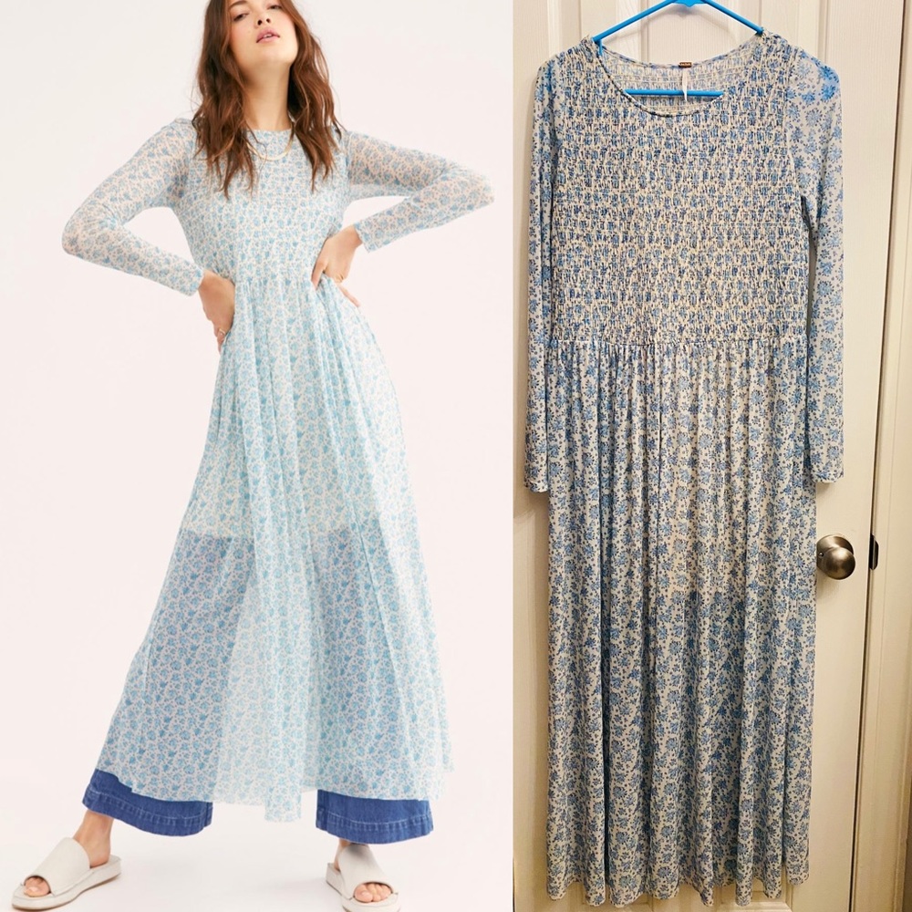 Free People Blue Floral Smocked Midi Dress NWOT